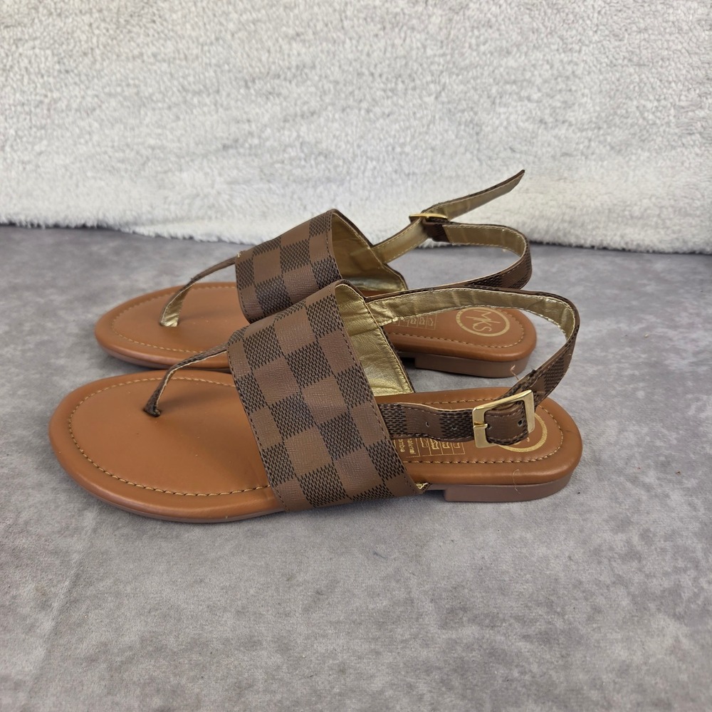 MKS Makers Brown Checkered Slingback Thong Sandals Womens Size 8 Flat Shoes